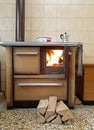 Stove lit in a mountain cabin