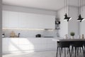 interior kitchen house modern apartment white floor contemporary design nobody home. Generative AI. Royalty Free Stock Photo