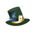 Stovepipe green hat of the mad hatter from Alice in Wonderland. Decorated with feather and playing card. Royalty Free Stock Photo