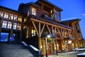 Stowe Mountain Ski Resort in Vermont, Empty Spruce peak village log houses at night Royalty Free Stock Photo