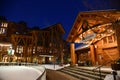 Stowe Mountain Ski Resort in Vermont, Ice Skating rink at Spruce peak village at night Royalty Free Stock Photo