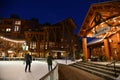 Stowe Mountain Ski Resort in Vermont, Ice Skating rink at Spruce peak village at night Royalty Free Stock Photo