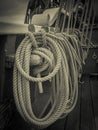 Stowed ropes on sailing ship Royalty Free Stock Photo