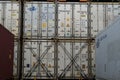 Stowed white reefers containers from different shippers secured on hatch covers of the ship and lashes with lashing bars. Royalty Free Stock Photo