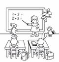 Coloring book for children, teacher dog teaching math to animals in class Royalty Free Stock Photo