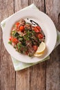 Straccetti Grilled beef with arugula and tomatoes close-up. Vert