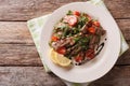 Straccetti Grilled beef with arugula and tomatoes closeup. horizontal top view