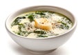 Stracciatella soup - egg-drop soup with spinach and cheese. Generative AI image.