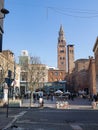 Stradivari Square and a view of the Torrazzo in Cremona located next to the Cathedral, Italy