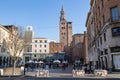 Stradivari Square and a view of the Torrazzo in Cremona located next to the Cathedral, Italy