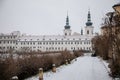 Strahov Monastery Baroque library, Premonstratensian abbey in Bohemia under snow in winter day, Hradcany district, Prague, Czech