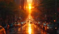 Straight avenue with cars during rush hour and sunset reflecting in the wet asphalt. Parked cars and people at the walkways