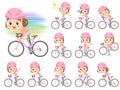 Straight bangs hair pink wear women ride on rode bicycle