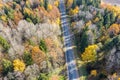 Straight country road through fall forest. autumn landscape, aerial photography Royalty Free Stock Photo