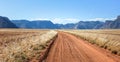 Straight desert dirt road track passes grassland towards mountains.