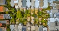 Straight down aerial backyards on apartment block of San Francisco houses with green yards, CA Royalty Free Stock Photo