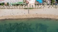 Straight down aerial drone photo in the beautiful town of Sant Antoni de Portmany in Ibiza Spain showing the beach known as Playa