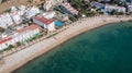 Straight down aerial drone photo in the beautiful town of Sant Antoni de Portmany in Ibiza Spain showing the beach known as Playa