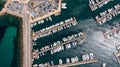 Straight down aerial drone photo of the town of Sant Antoni on the island of Ibiza in the Balearic Islands Spain showing the