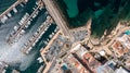 Straight down aerial drone photo of the town of Sant Antoni on the island of Ibiza in the Balearic Islands Spain showing the
