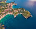 Straight-down view from flying drone. Aerial morning view of Bella island. Colorful spring seascape of Mediterranean sea, Mazzaro Royalty Free Stock Photo