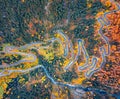 Straight-down view from flying drone of Maloya pass. Colorful morning scene in Swiss Alps, Upper Engadine in canton of the Grisons