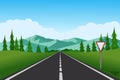 Straight empty road through the countryside. Green hills, blue sky, meadow and mountains. Summer landscape vector illustration Royalty Free Stock Photo