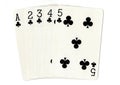 A straight flush of clubs poker hand of cards. Royalty Free Stock Photo