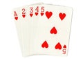 A straight flush of hearts poker hand of cards. Royalty Free Stock Photo