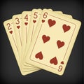 Straight Flush of Hearts from Two to Six - vintage playing cards vector illustration Royalty Free Stock Photo