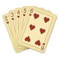 Straight Flush of Hearts from Two to Six - vintage playing cards vector illustration Royalty Free Stock Photo