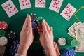 A straight flush, laid out on the table and a lot of chips. Poker, Casino, Winning combination. Player raises bets and wins Royalty Free Stock Photo