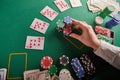 A straight flush, laid out on the table and a lot of chips. Poker, Casino, Winning combination. Player raises bets and wins Royalty Free Stock Photo