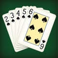 Straight Flush of Spades from Two to Six - playing cards vector illustration Royalty Free Stock Photo