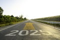 2025 with straight forward arrow on asphalt road for business planing and continuous improvement in new year concept