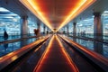 Straight line perspective captures the blur of travelers on two moving walkways at the airport Royalty Free Stock Photo