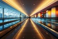 Straight line perspective captures the blur of travelers on two moving walkways at the airport Royalty Free Stock Photo