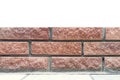 Straight lines of new fresh brickwork wall and cincrete foundation isolated on white background. Modern crumble brickwork. Product Royalty Free Stock Photo