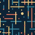 Straight lines and small dots, technology vibes. Blue, yellow, orange. Seamless background Royalty Free Stock Photo