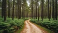 Straight, narrow dirt path winds through a dense pine forest Royalty Free Stock Photo