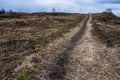 A straight narrow path on the ground with last year`s dry grass that rises to the hill