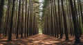 Straight Pathway Through Symmetrical Pine Forest Alleyway Sunlight Royalty Free Stock Photo