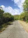 Straight paved road in dry season tropical landscape. Hiking route. Country road under Caribbean blue sky. Travel concept,