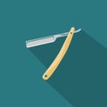 Straight razor icon with long shadow. Flat design style. Straight razor simple silhouette. Modern, minimalist icon in stylish colo