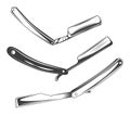 Straight razor set. Shaver tool with dangerous blade. Vintage flat shaving razor icon for hygiene