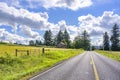 Straight road along a summer meadow with lush grass and an old rickety wooden barn at the edge