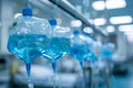 A straight row of transparent glass bottles filled with a vibrant blue liquid, Catheters and IV bags in a sterile environment, AI