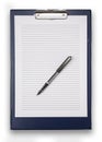 Straight on view of a blue clip board, and lined white paper, with a pen, isolated on white Royalty Free Stock Photo