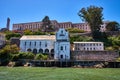 Straight on view of prison on Alcatraz Island from just offshore in San Francisco Bay