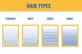 Hair growth types chart set of straigt, wavy, curly and kinky strands